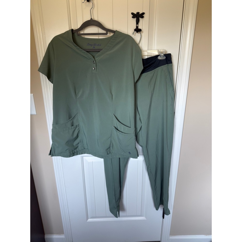 Easy Stretch by Butter-Soft Scrub Set Olive Green Henley Top L Pants M BU817